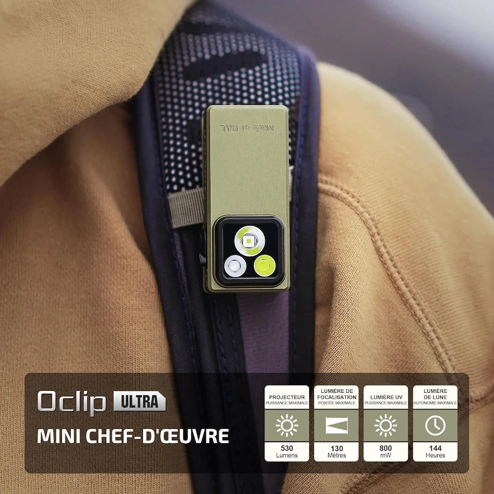Olight Oclip Ultra | Mini lampe à clip avec faisceau large, concentré et UV