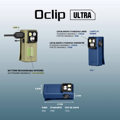 Olight Oclip Ultra | Mini lampe à clip avec faisceau large, concentré et UV